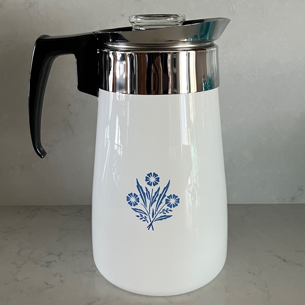 Vintage 1970’s Blue Cornflower Corning Ware 9 Cup Coffee Percolator